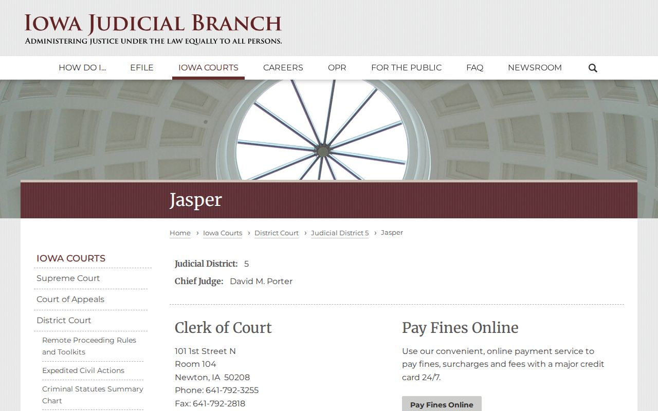 Jasper County warrant records Clerk of Court contact page