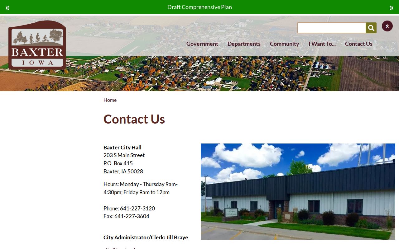 Official Baxter City Hall contact and building page